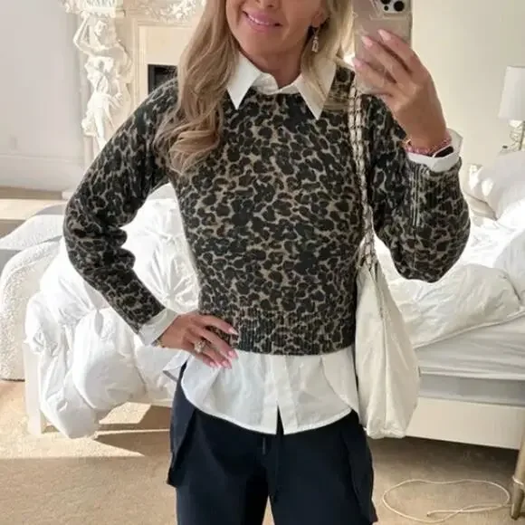 Marnine Layer Cheetah Sweater XS Cropped Soft Cotton Crew Animal Designer $158 - Picture 9 of 11
